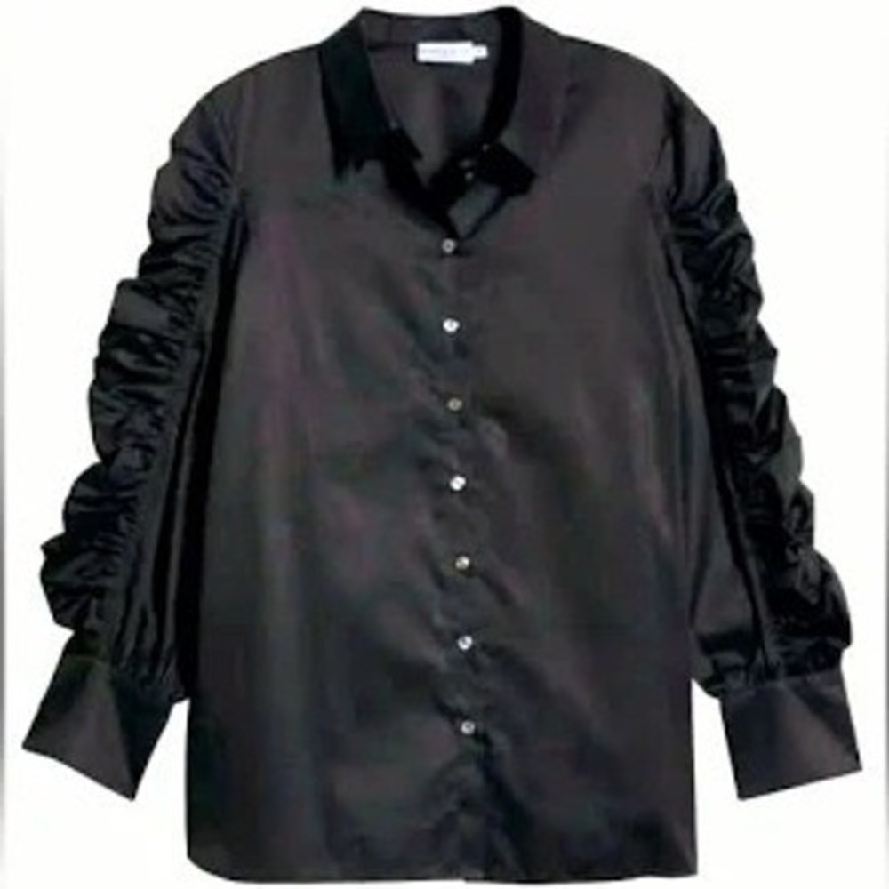 Harshman NEW Juliana Ruched Long Sleeve Button-Front Shirt Black Sz 2X MSRP$219